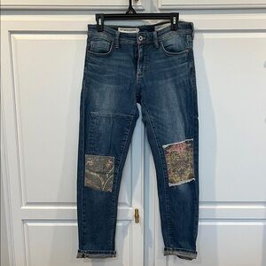 Pilcro and the Letterpress Blue Boyfriend Jeans with Artistic Patches